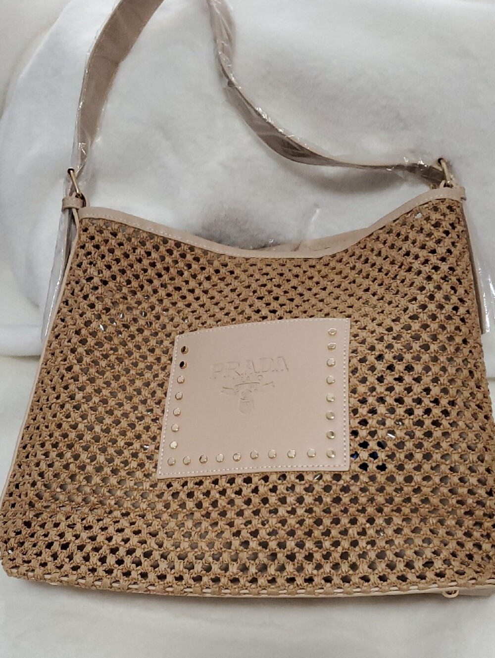 Nude Woven Shoulder Bag with Gold Stud Accents